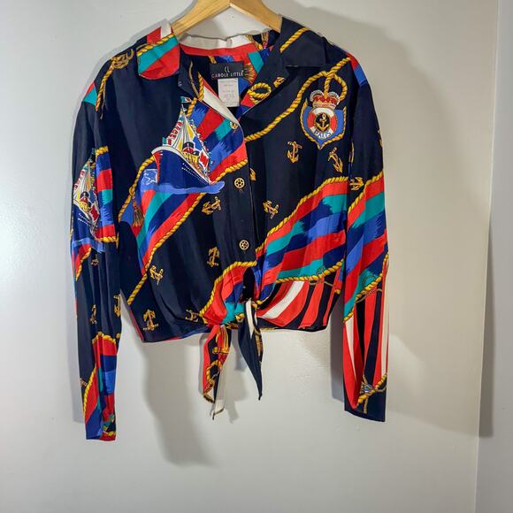 Vintage 80s/90s Carole Little Bold Nautical Tie-Front Rayon Blouse | Yacht Print - Picture 1 of 4